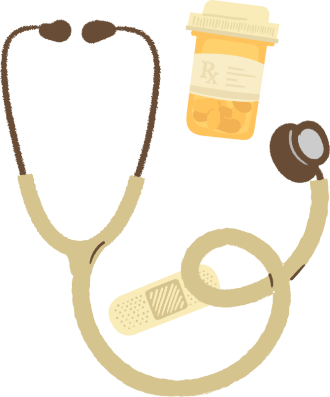 An illustration of a stethoscope, adhesive bandage, and orange prescription bottle, grouped together