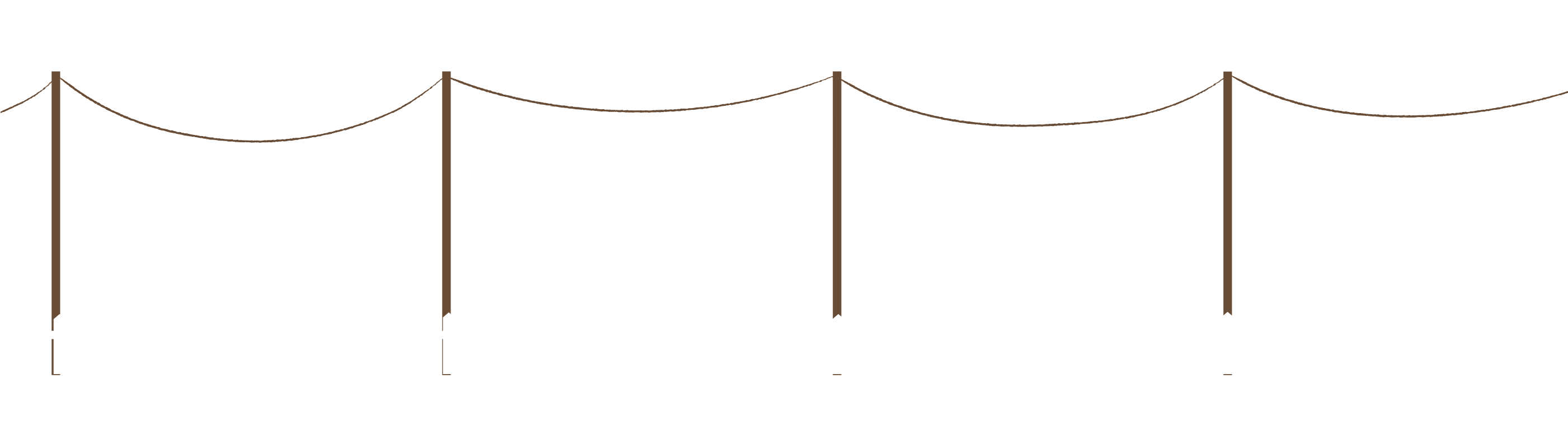An illustration of four white clouds, four brown utility poles with lines between them and a white picket fence