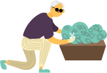 An illustration of an old man wearing sunglasses, a purple short sleeved shirt, tan striped pans, and blue shoes, using small snippers, which are in his right, white-gloved hand on a small bush in a planter box