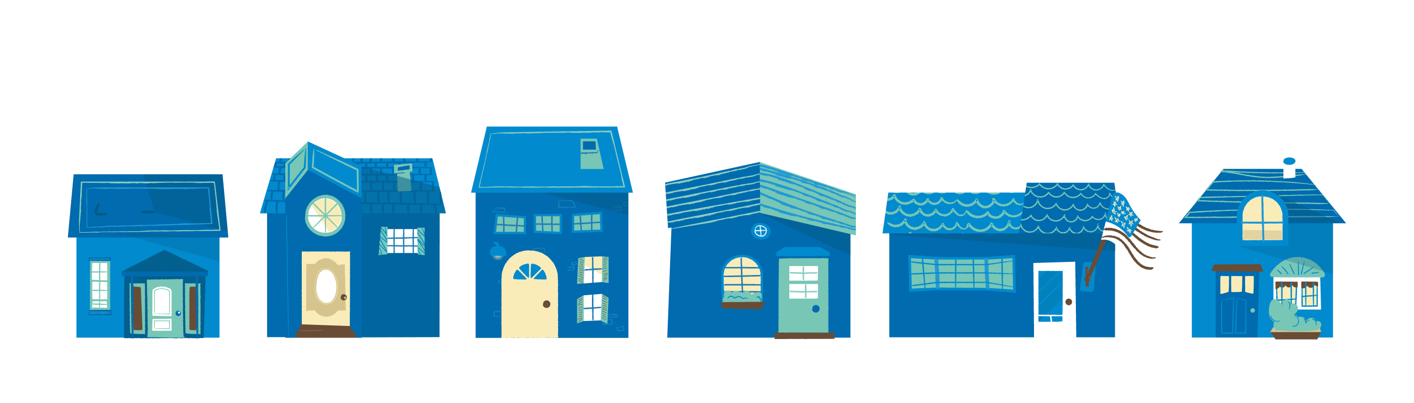 An illustration of a row of six different, but blue, houses, viewed from the front