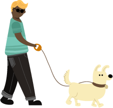 An illustration of a man with sunglasses walking a dog