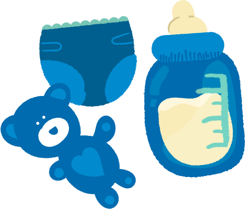 An illustration of a blue diaper, a blue teddy bear, and blue baby bottle with white milk in it