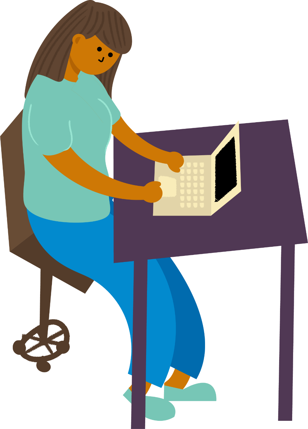 An illustration of a woman with long brown hair, a light blue t-shirt, and blue jeans is sitting on an office chair at a desk using a laptop