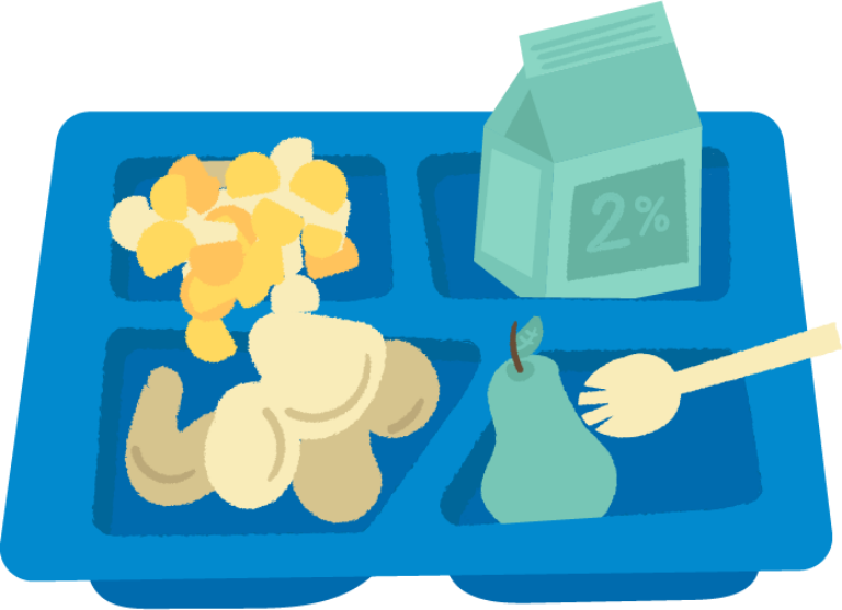 An illustration of a blue school lunch tray with four food sections, holding macaroni and cheese, potato chips, a pear and spork, and 2% milk