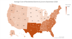 Map of US showing range of electricity prices