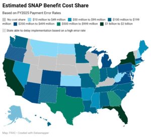 Map of US showing estimated SNAP benefit cost-share burden for states