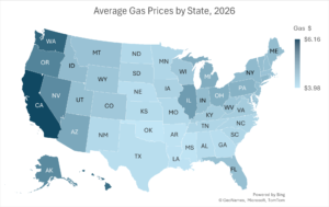 Map of US showing range of gas prices