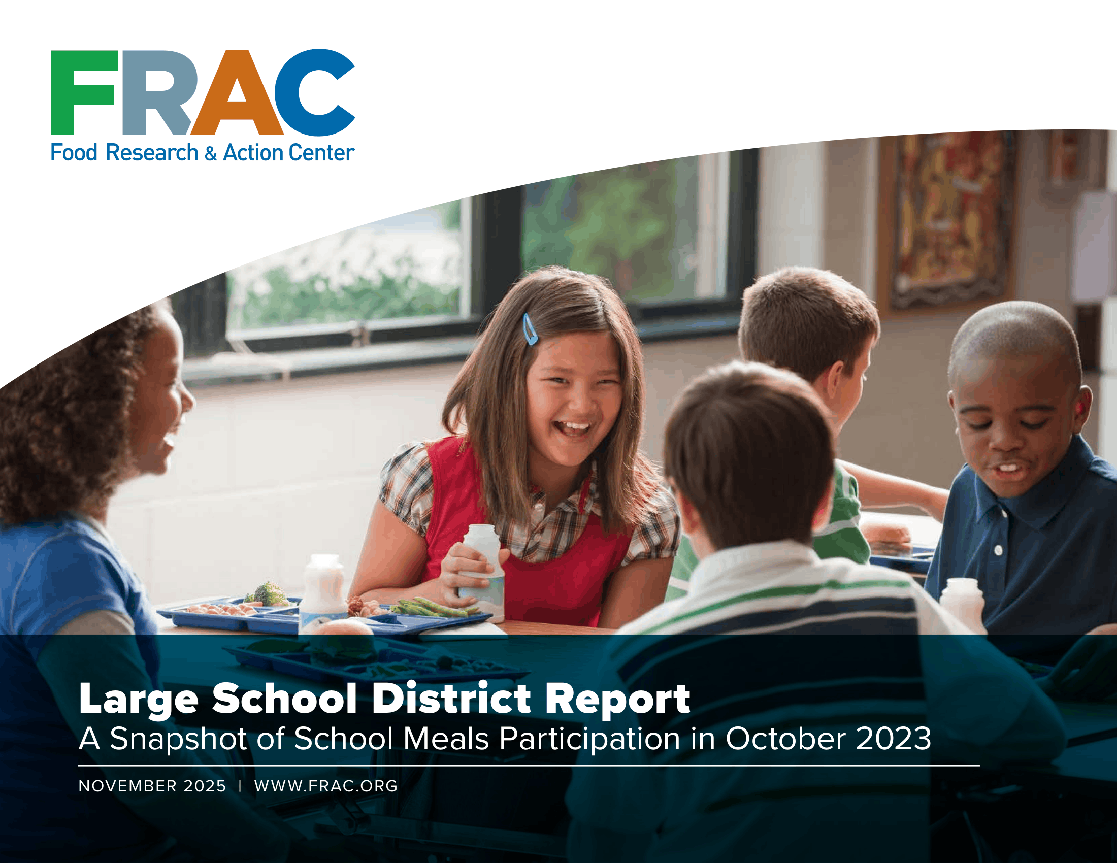 Cover image of FRAC's 2025 Large School District Report showing a group of school friends sitting around a table and laughing as they eat lunch.