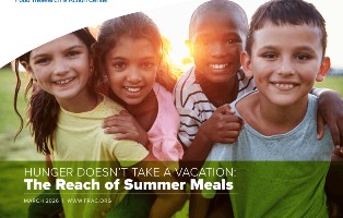Cover image of FRAC's Summer Meals Report 2026, showing children smiling in front of the sun