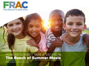 Cover image of FRAC's Summer Meals Report 2026, showing children smiling in front of the sun