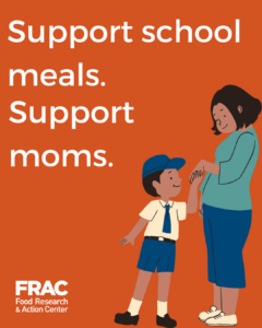 Graphic that shows a mother of color helping her son in a school uniform and blue baseball cap get ready for school. The graphic reads: "Support Schools. Support Moms."