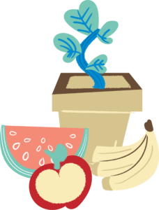 An illustration of a blue plant in a pot, with a watermelon slice, half an apple, and a bunch of bananas in front