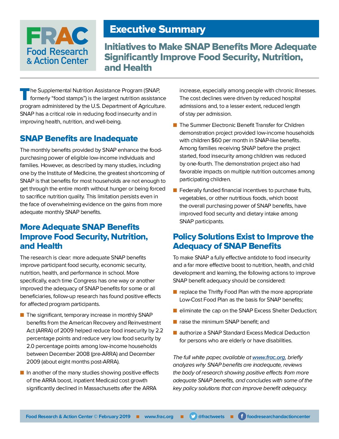 Download the Executive Summary Food Research Action Center