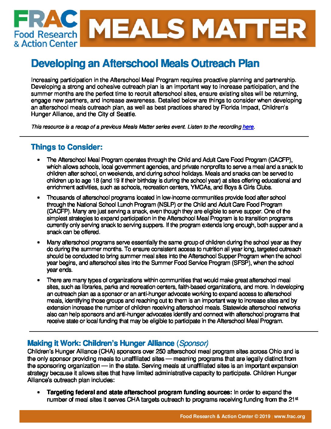 meals matter recap develop afterschool meals outreach plan Food