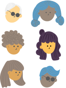 An illustration of a Six human heads, one with short gray hair and sunglasses, one with blue hair in pigtails, one with curly hair, one with long purple hair, one with brown hair, and one with wavy blue hair