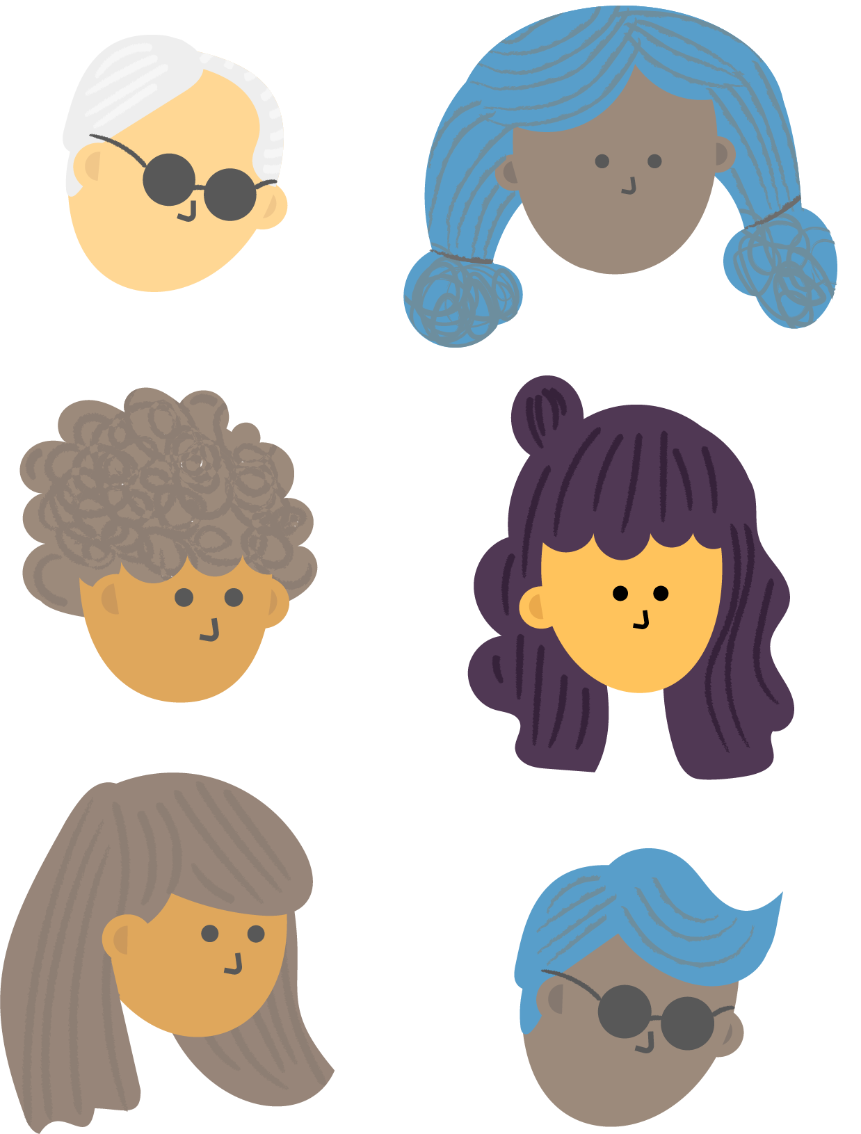 An illustration of a Six human heads, one with short gray hair and sunglasses, one with blue hair in pigtails, one with curly hair, one with long purple hair, one with brown hair, and one with wavy blue hair
