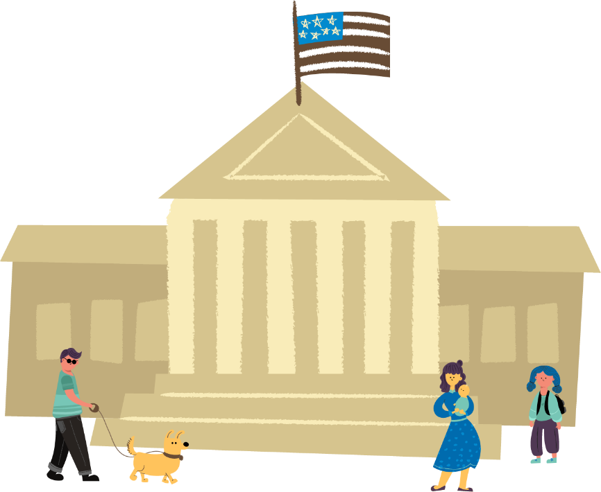 An illustration of the United States Supreme Court building, with an American flag on top, and three everyday folks standing in front, one of whom is walking a dog